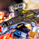 A hanging target beneath a detailed model of the Razor Crest activates a chaotic multi-ball mode.